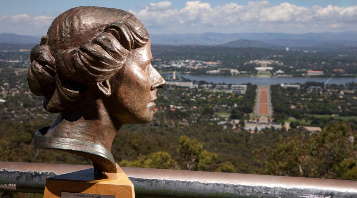 A bronze head of Marion Mahony Griffin is seen overlooking Canberra from Mt Ainslie as part of celebrations of her legacy and 150th birthday. Picture: Sitthixay Ditthavong