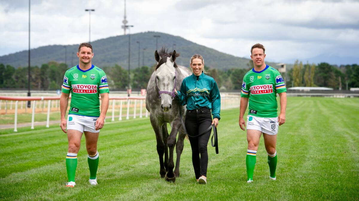 Canberra Raiders' Jarrod Croker (left) and Sam Williams (right), along with jockey Kayla Nisbet, are set for a big weekend of sport in the capital. Picture: Elesa Kurtz