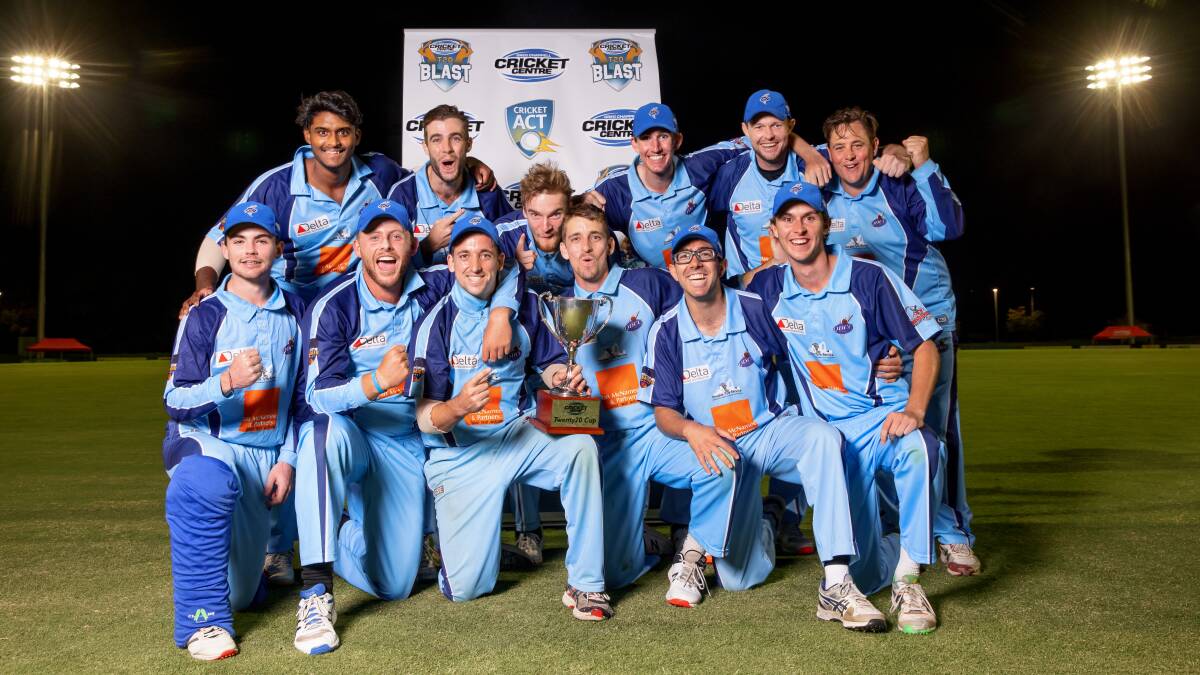 Queanbeyan players celebrate their Twenty20 championship on Sunday night. Picture: Sitthixay Ditthavong