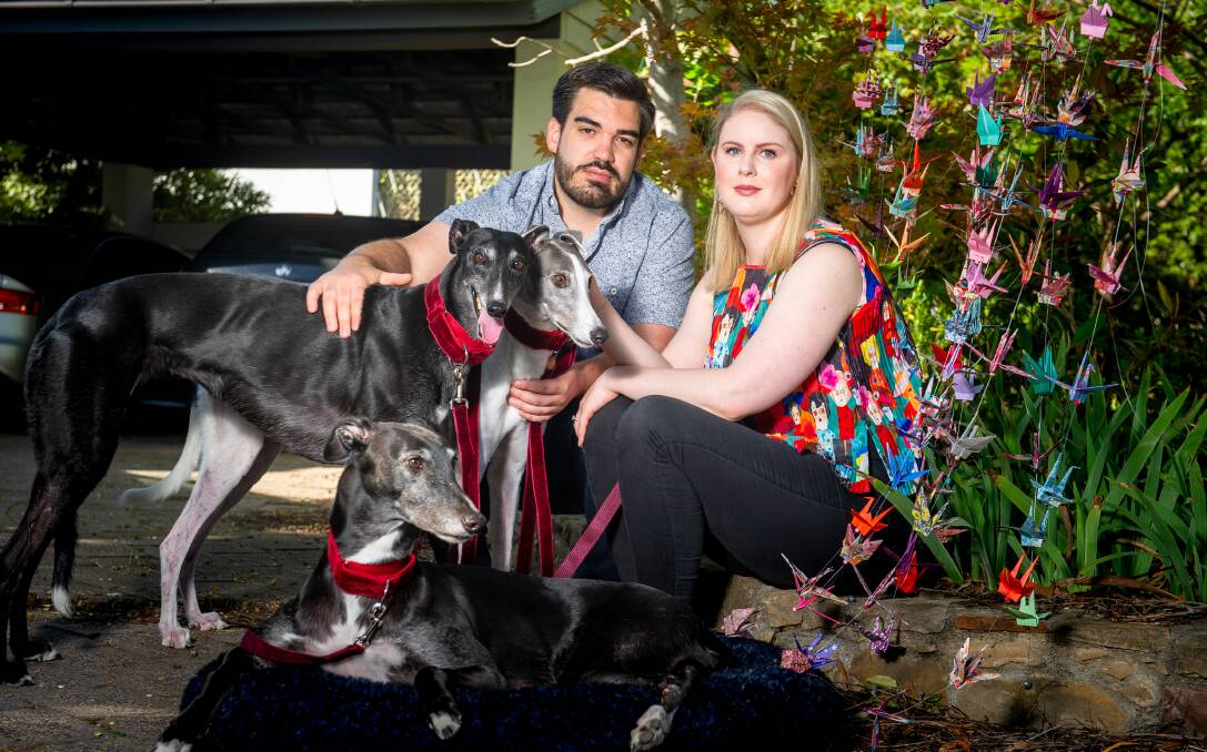 Alana Wade and her fiance Bede Matthews have had to postpone their wedding due to coronavirus. Their three dogs, Sugar, Tiffany and Winter, were supposed to be part of the ceremony. Picture: Sitthixay Ditthavong