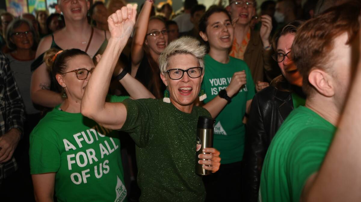 The Greens' Queensland Senate candidate Penny Allman-Payne celebrates her election results on Saturday night. Picture: Getty Images