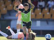Canberra striker Michelle Heyman goes down in the box. She was ruled offside in the build-up. Picture: Getty Images