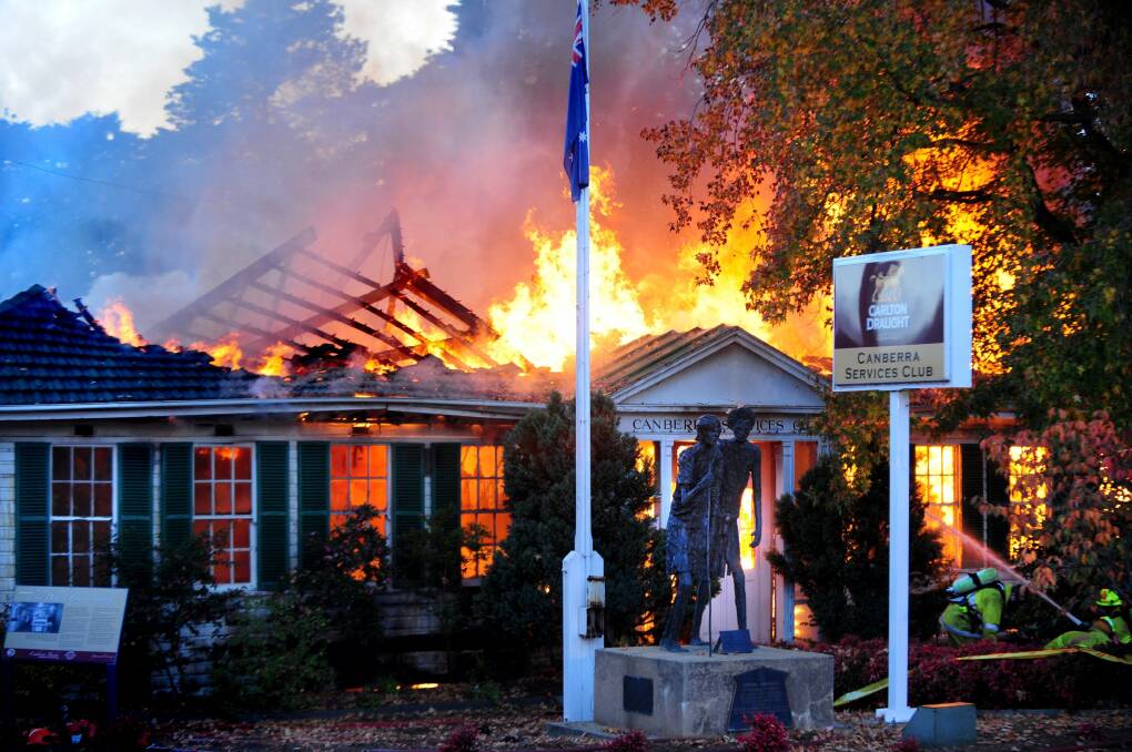 A fire destroyed the old Canberra Services Club at Manuka Oval in 2011. Picture: Karleen Minney