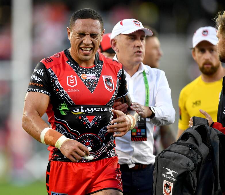 Dragons forward Tyson Frizell leaves the field injured against the Sharks. Picture: NRL Imagery