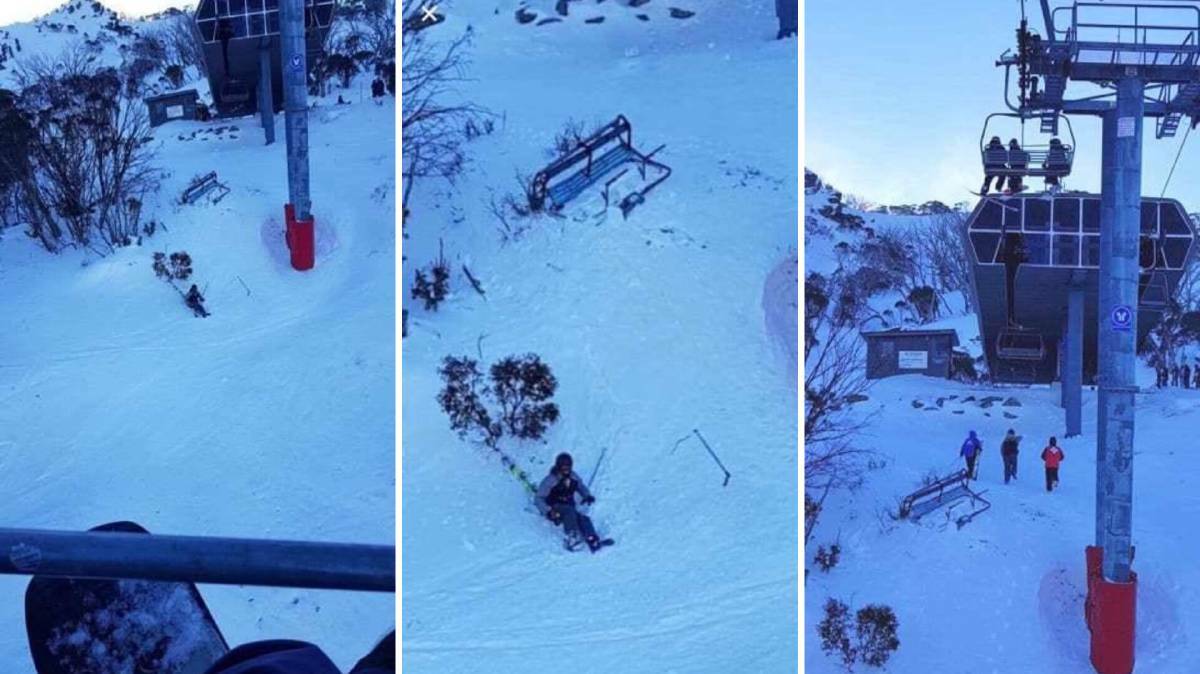 The chair became dislodged from the Gunbarrel chairlift at Thredbo after strong winds hit the resort, a Thredbo spokeswoman said. Pictures: Supplied to snowsbest.com