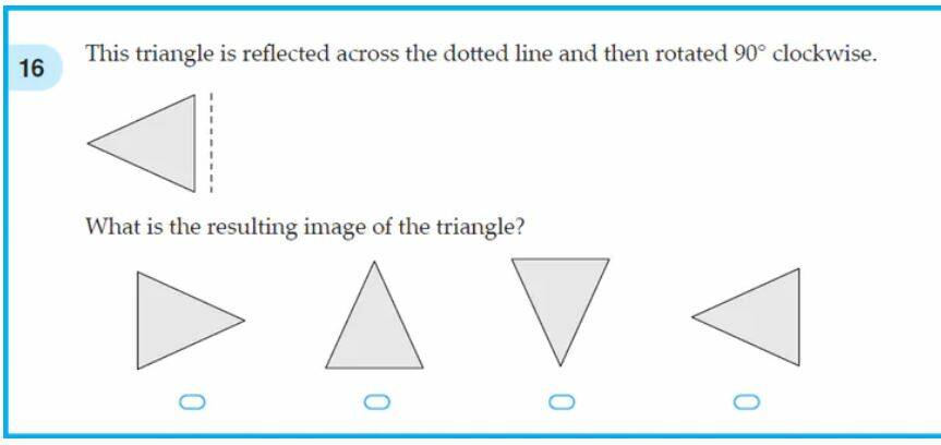 Question 16 of the 2016 Year 9 Numeracy test is mathematics at Year 6 level, Investigate combinations of translations, reflections and rotations, with and without the use of digital technologies, code ACMMG142. Australian Curriculum, Assessment and Reporting Authority (NAPLAN 20122016 test papers)