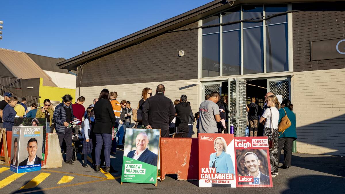 People queue to cast pre-poll votes at a polling booth at Exhibition Park in Canberra (EPIC) on Thursday afternoon. Picture: Sitthixay Ditthavong 