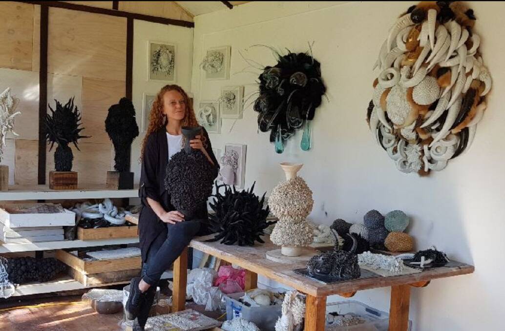 Former Bundanon Artists-in-Residence, Australian artist Juz Kitson with some of her work. Image: Bundanon Trust