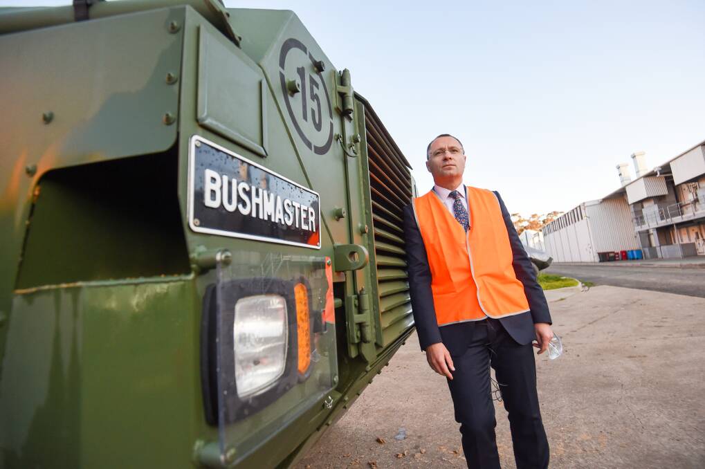 Ukraine's ambassador to Australia Vasyl Myroshnychenko visits Thales' Bendigo factory to see how Bushmasters are made. Picture by Darren Howe.