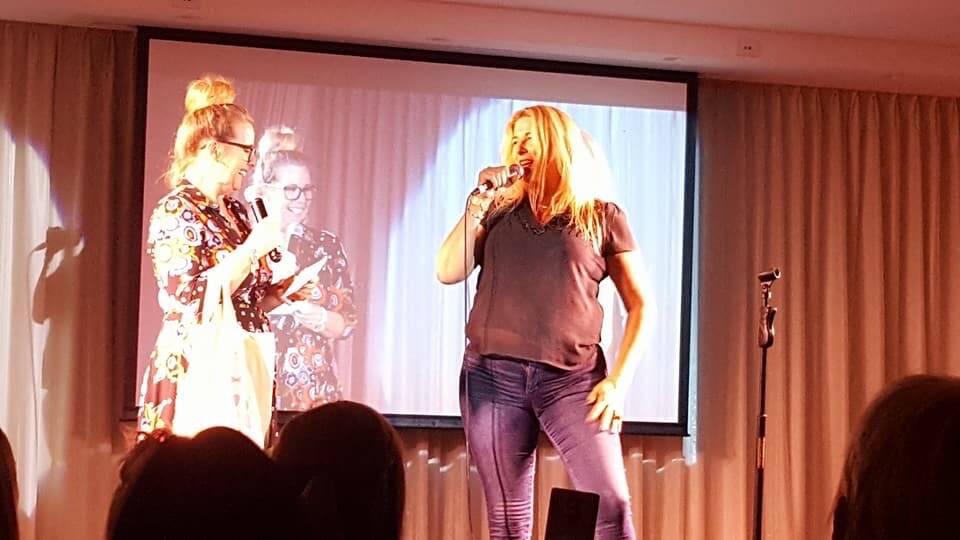 Mandy on stage with Ellen Briggs in their hugely successful touring show, Women Like Us