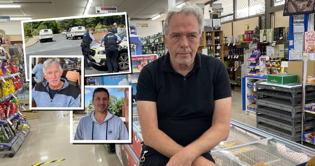 Gowrie Friendly Grocer owner Brian Shea said he was glad he was in the supermarket at the time and not one of his young assistants. Inset, heroes of the day Peter Badowski and Nick Hourigan. Pictures by Megan Doherty