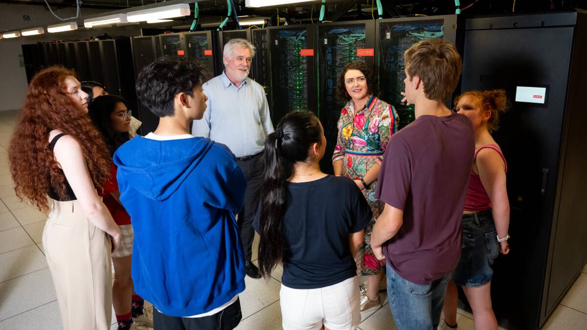 National Youth Science Forum (NYSF) Year 12 students get a tour of the super computer at the NCI (National Computational Infrastructure) in the ANU with director, Professor Sean Smith and CEO of National Youth Conference Dr Melanie Bagg. Picture by Elesa Kurtz