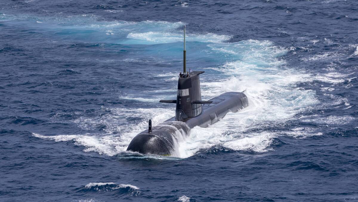Submarine HMAS Rankin sails on the surface in the waters north of Darwin. Picture: Defence Images