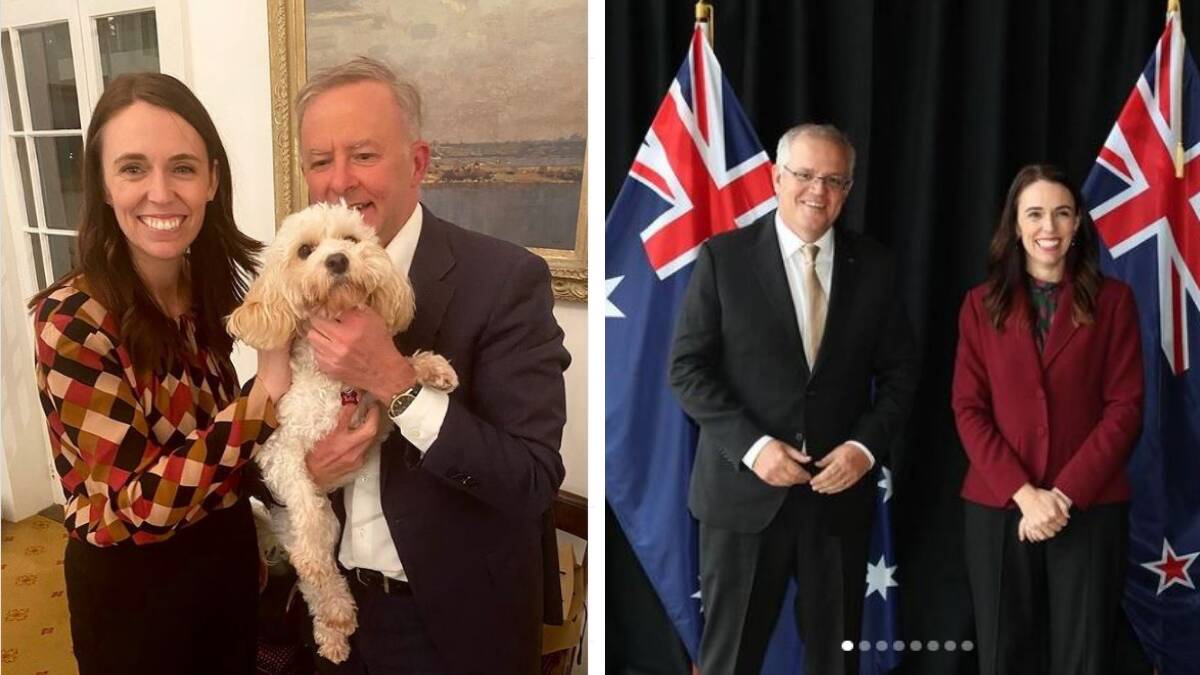 New Zealand Prime Minister Jacinda Ardern with Anthony Albanese and Toto, compared with former prime minister Scott Morrison with New Zealand Prime Minister Jacinda Ardern. Pictures: Instagram