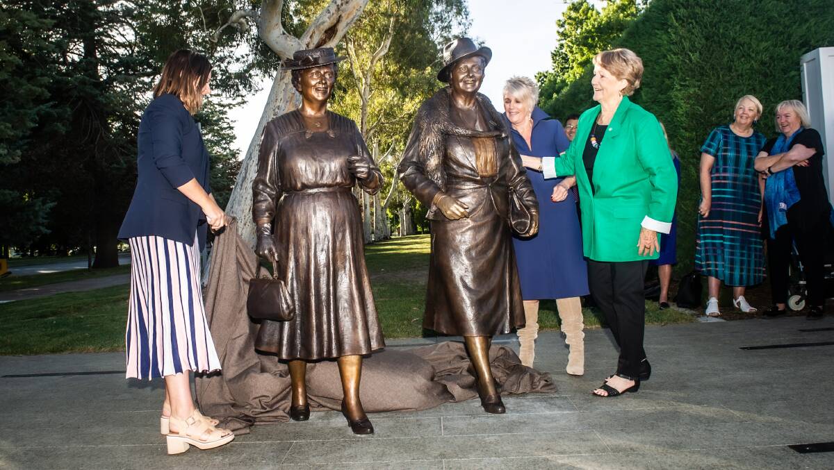 Labor MP Kristy McBain, the first woman to hold the seat of Eden-Monaro, unveiled the sculpture with Enid Lyon's grand-daughter Libby Lyons (left) and Dorothy Tangney's niece Maxine Muir. Picture by Karleen Minney