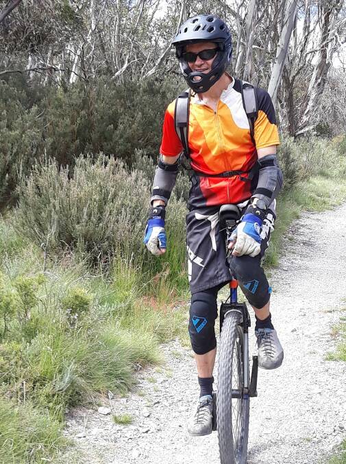 Greg Terrill rides the Thredbo Valley Track on a unicycle. Picture: Supplied