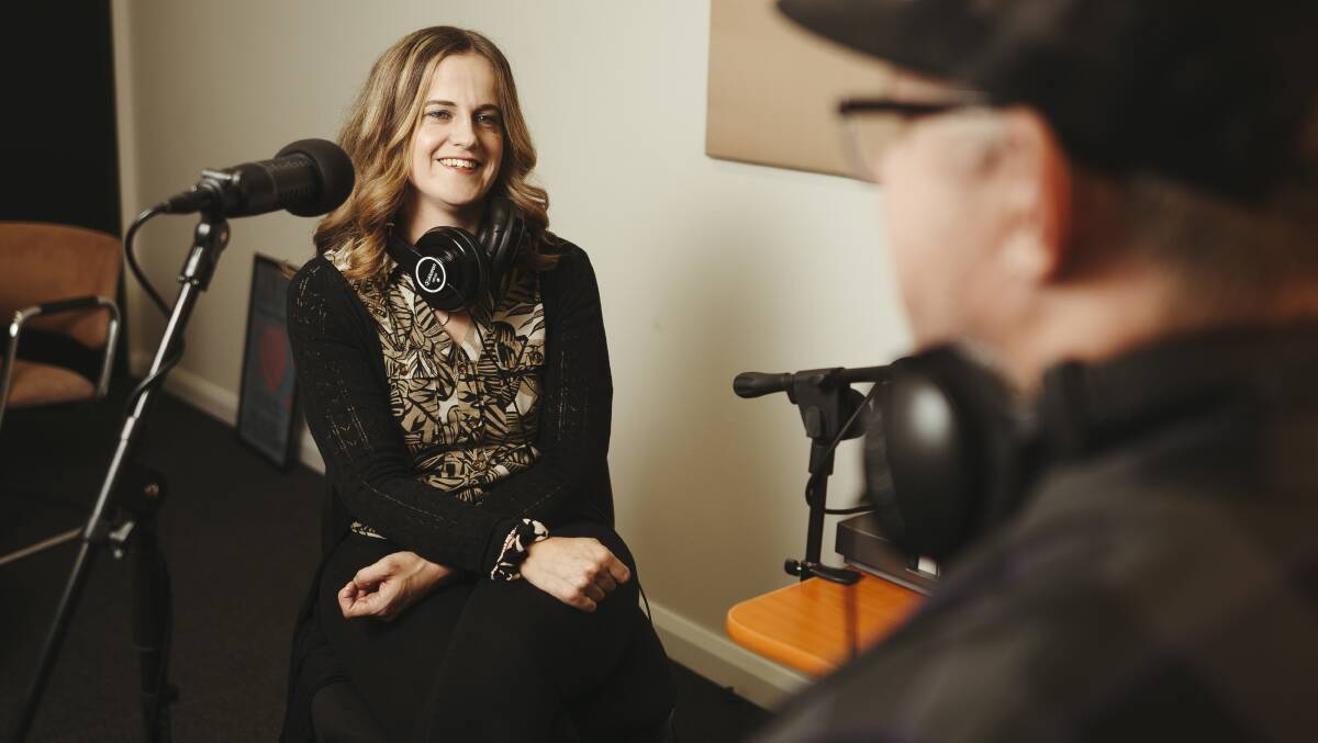 Captains Flat mum Claire Hooker is starting a new podcast called What Happens When... recorded at the Queanbeyan Throttle Media studio. Picture: Dion Georgopoulos