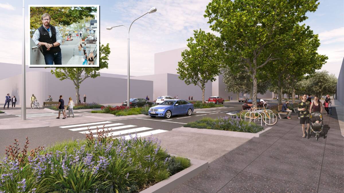 A render shows the proposed Girrahween Street intersection upgrade. While consultation with stakeholders is still underway, Braddon business spokesperson Kel Watt (inset) believes Lonsdale Street upgrades will be well received, provided access is considered. Picture: Dion Georgopoulos, Supplied 