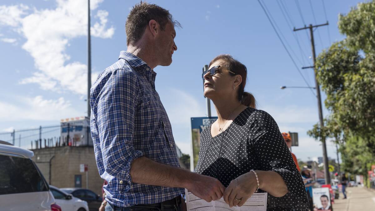 Chris Minns meets a voter at the NSW election in 2019, Sydney. Picture: Getty Images