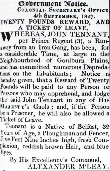 Reward posted for the capture of bushranger John Tennant. Picture: Supplied