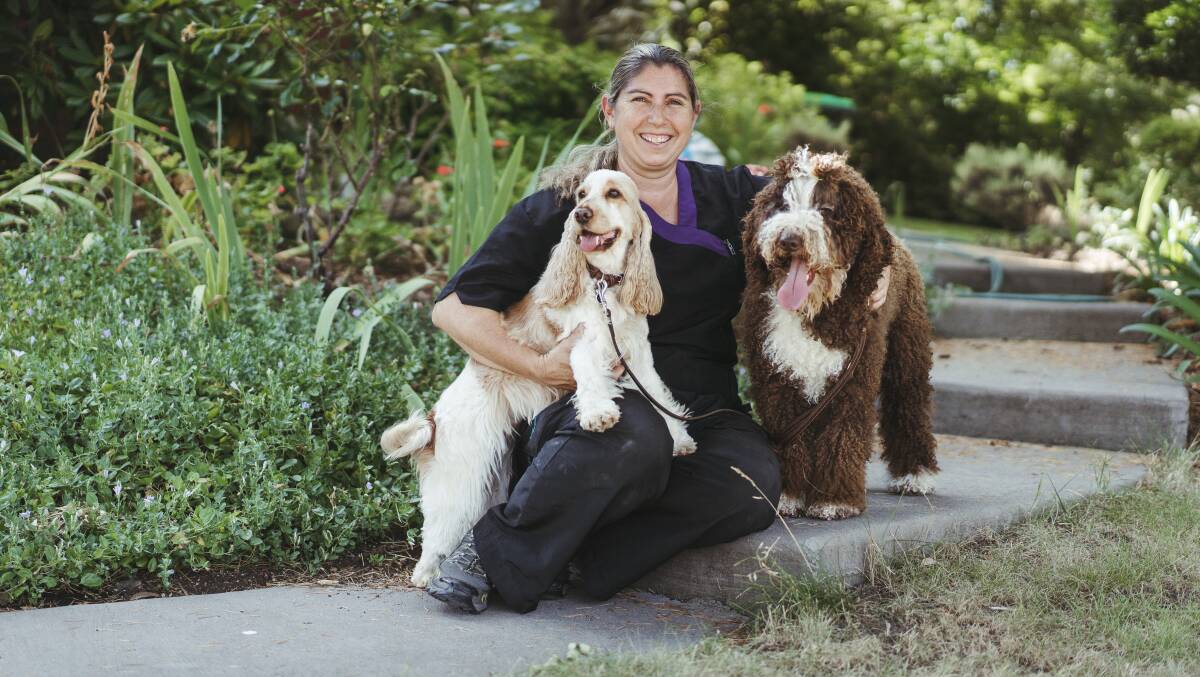 Doggy Day Spa Canberra owner Nikki Fallon at her home in Kambah with her dogs Mia, and Mishka, has seen a spike in business as hot weather hits the capital. Picture: Dion Georgopoulos