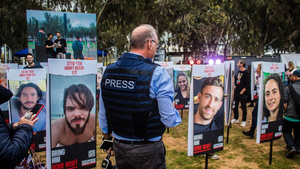 Journalists attend the conference on the Nova Festival massacre, a few kilometers from Gaza in the south of Israel. Picture Shutterstock/Jose Hernandez