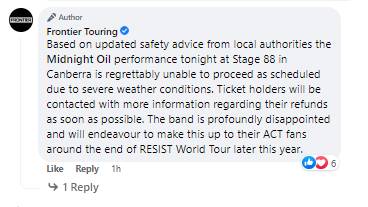 Frontier Touring's cancellation announcement at 9.03pm Tuesday. Picture: Facebook