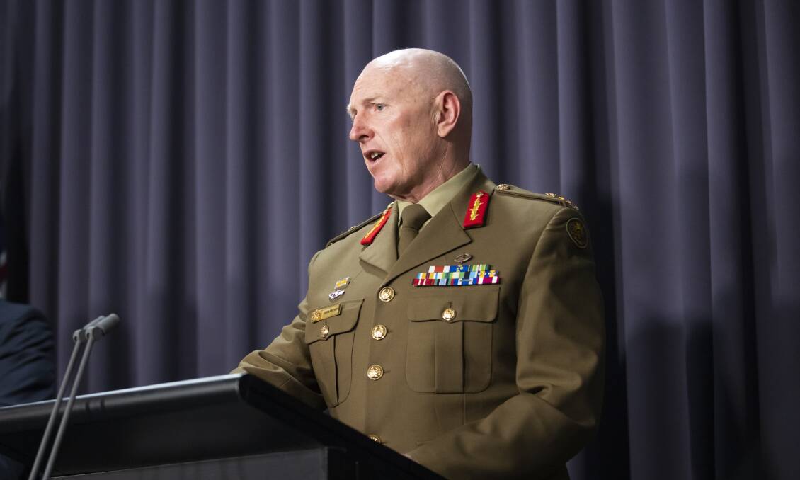 Lieutenant General John James Frewen addresses a press conference on the Covid vaccine rollout. Picture: Keegan Carroll