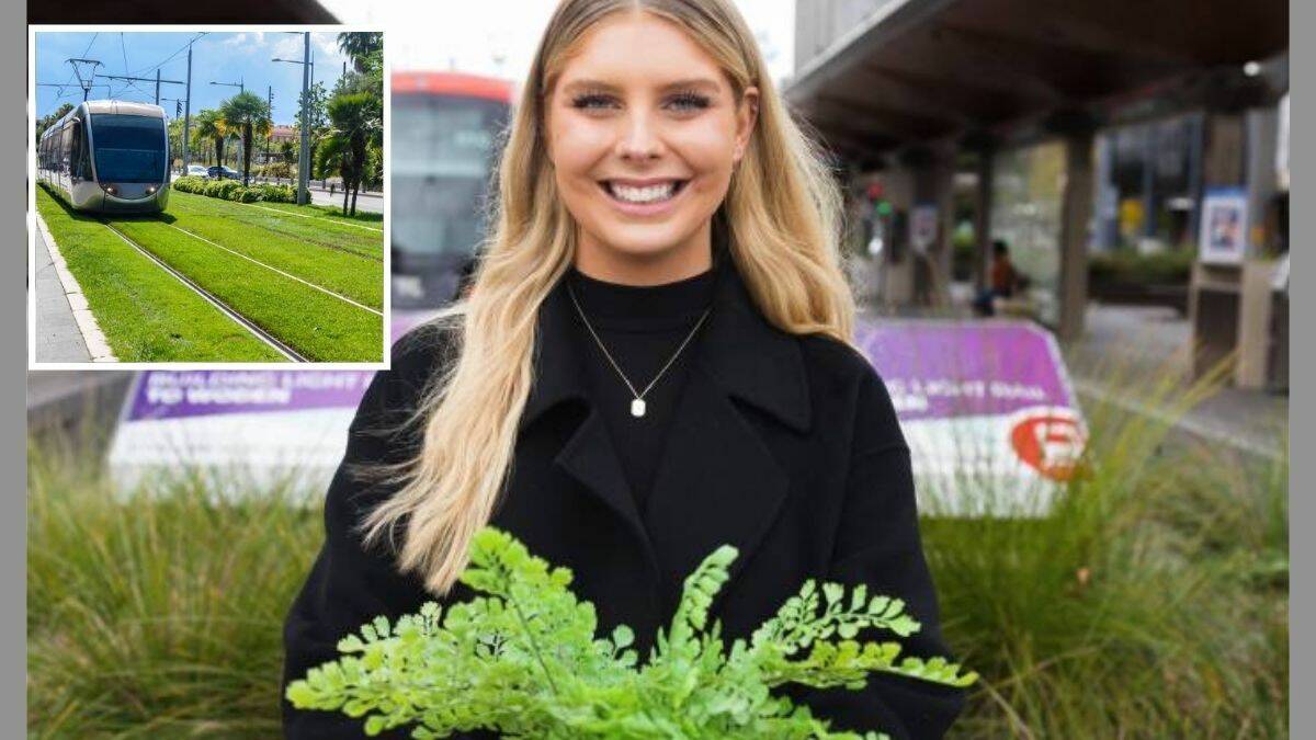 Australian National University graduate Kaitlin Hatherley was inspired by overseas tram vistas of green, inset. Pictures: Sitthixay Ditthavong, supplied