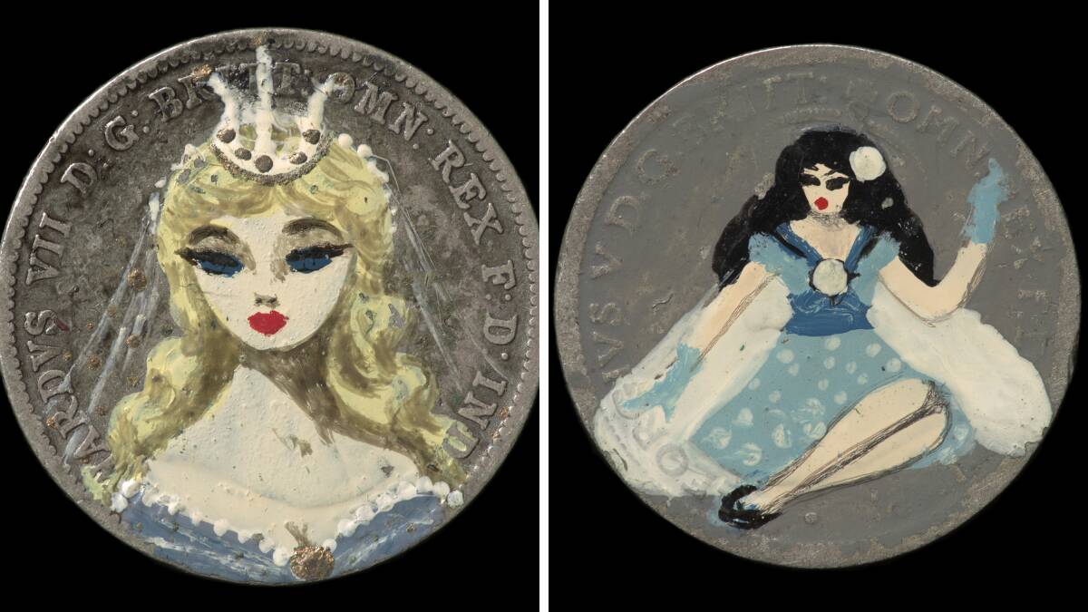 Some of the old coins Diana Bates painted and used to play games during the Depression in Victoria. Picture: Supplied