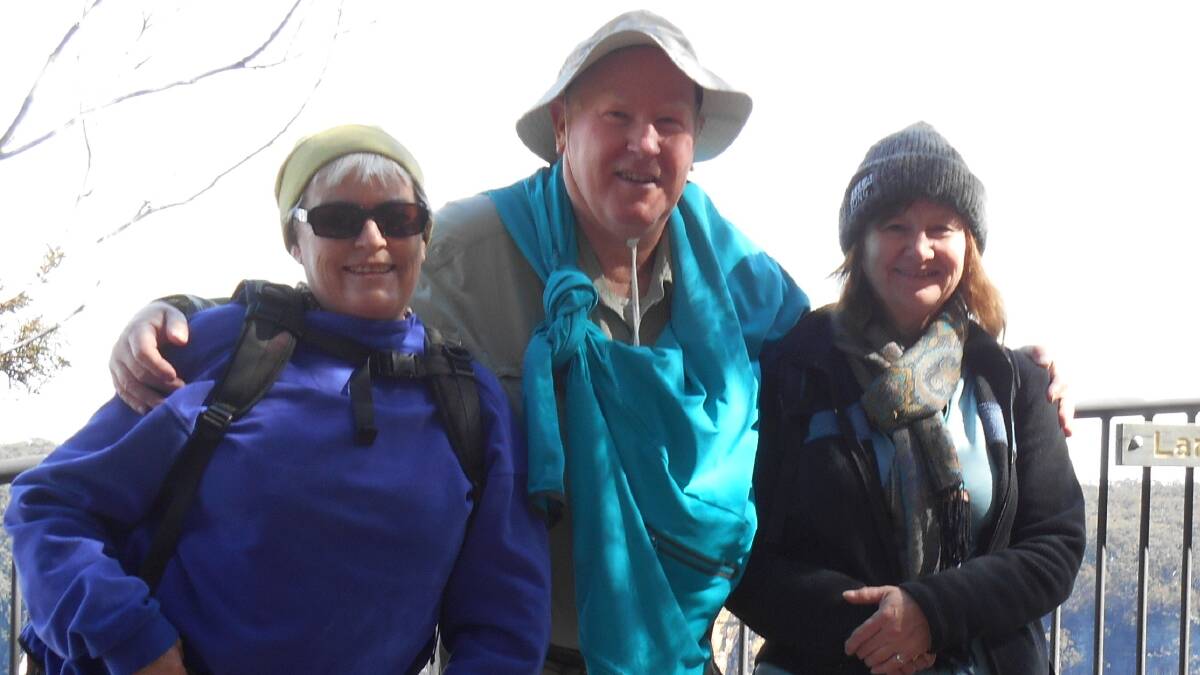Stan Marks with bushwalking friends Catie Kennedy and Amanda Williams at Fitzroy Falls in 2016. Picture: Supplied