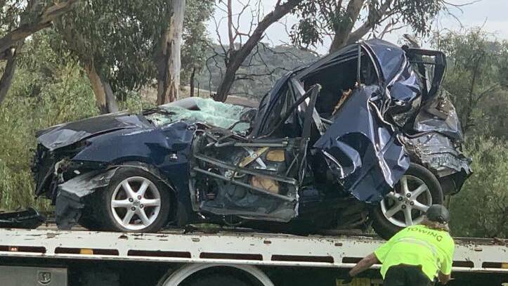 The Corolla rolled and hit a tree. Picture: Julia Kanapathippillai