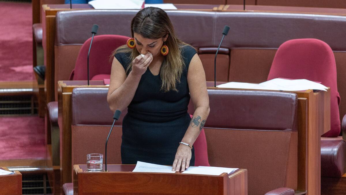 Senator Lidia Thorpe cried as she read a statement to the Senate. Picture by Gary Ramage