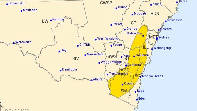 The warning area for damaging winds and blizzard conditions in a warning released by the Bureau of Meteorology early on Sunday. 