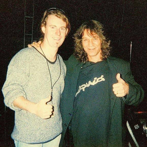 Steve Gray with Eddie Van Halen at the live show at AIS Arena 1998. Picture: Supplied.