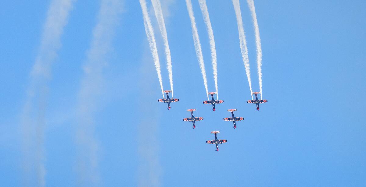 The RAAF Roulettes during the centenary flyover last Wednesday. Picture: Sitthixay Ditthavong