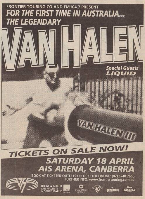 An advertisement in The Canberra Times in 1998 promoting Van Halen's tour. Picture: Supplied. 