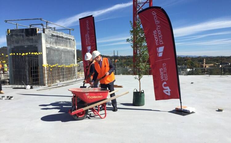 Morris Property Group director Barry Morris celebrates the topping out of the first stage of the Manuka precinct. Picture: Kathryn Lewis
