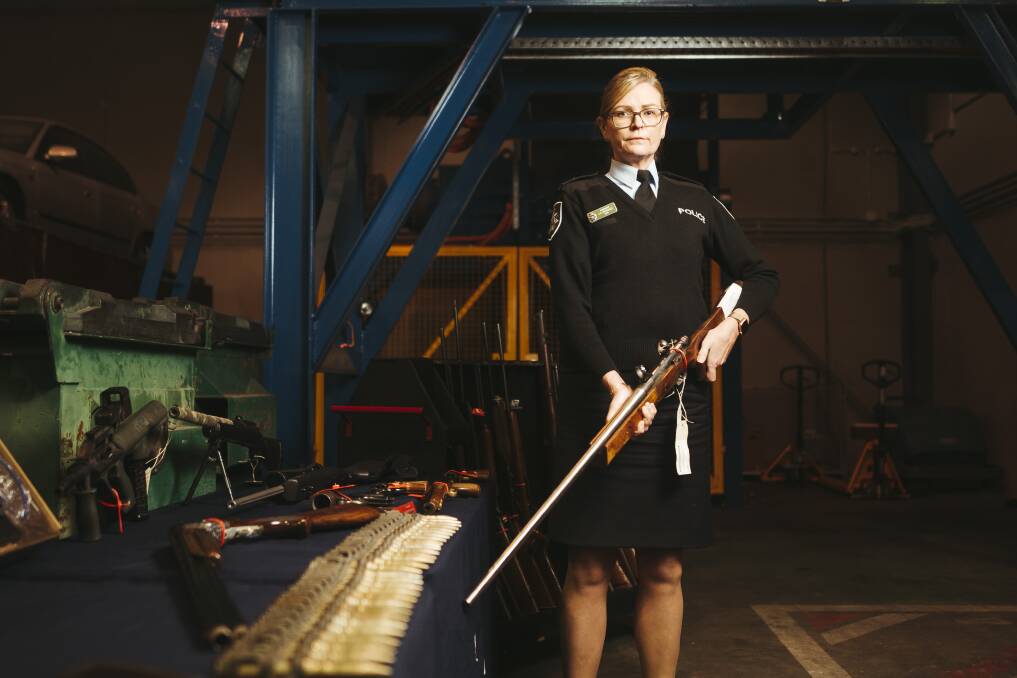 Acting Chief Police Officer Liz McDonald with firearms, and ammunition that have been seized and will be destroyed. Picture: Dion Georgopoulos