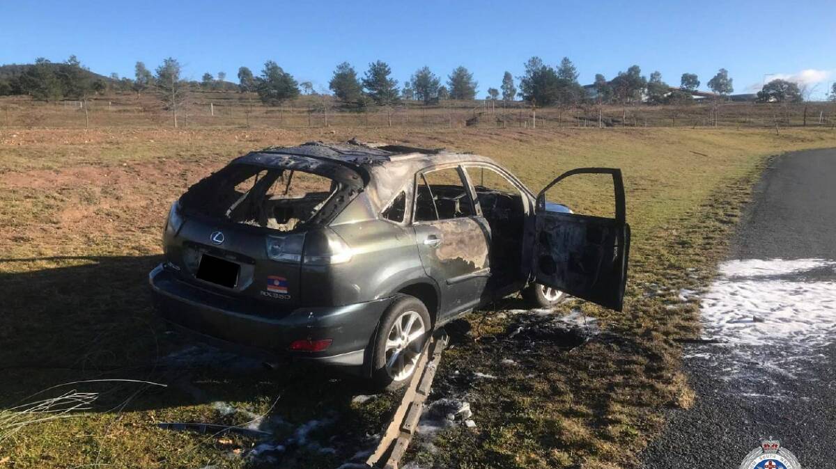 The stolen Lexus SUV was found burnt out in Wright. Picture: Monaro Police District