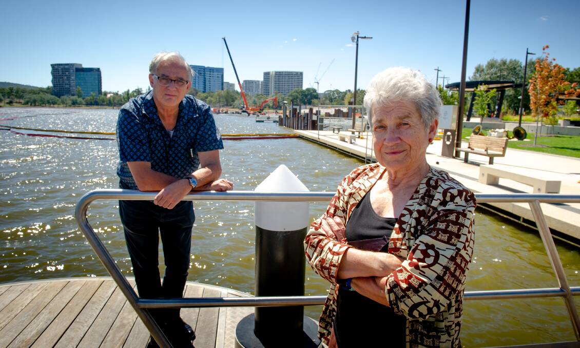 Lake Burley Griffin Guardians acting convener Irene Davies (right), with fellow member, Mike Lawson, strongly oppose the West Basin development. Picture: Elesa Kurtz
