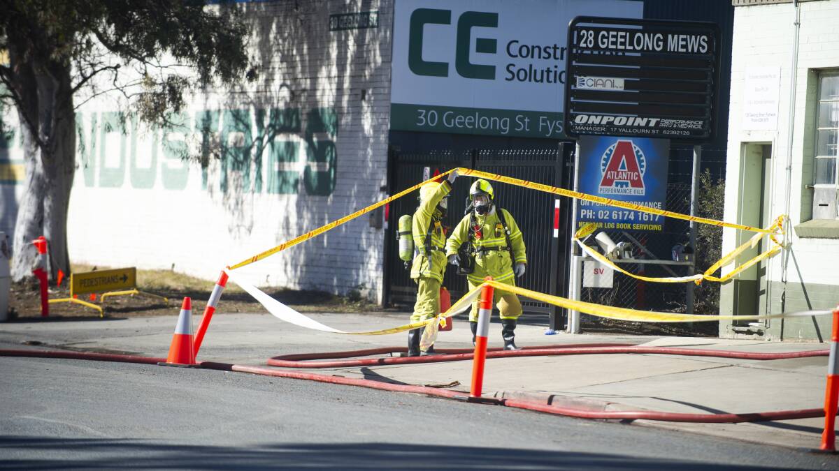 Firefighters on the scene of a fire at the Beam warehouse in Fyshwick in May. Picture: Dion Georgopoulos