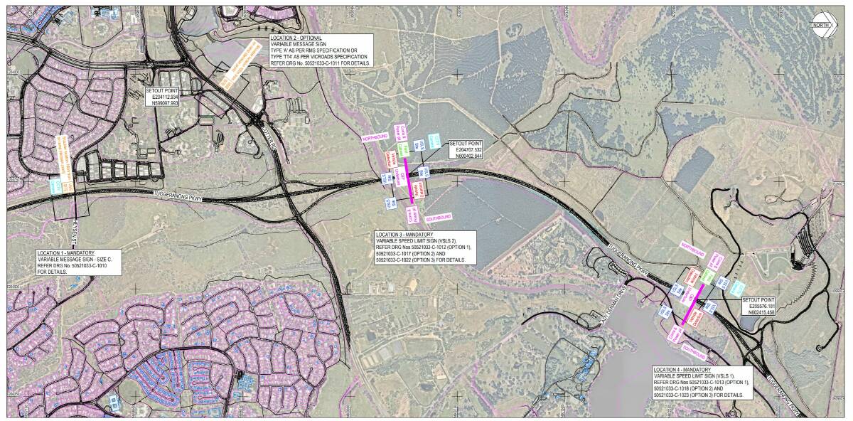 Plans for the location of the variable speed limit signs to be placed along the Tuggeranong Parkway. Picture: Supplied