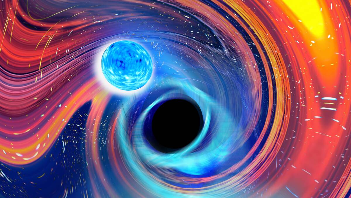 Artist impression of a neutron star and black hole about to collide. Picture: Carl Knox