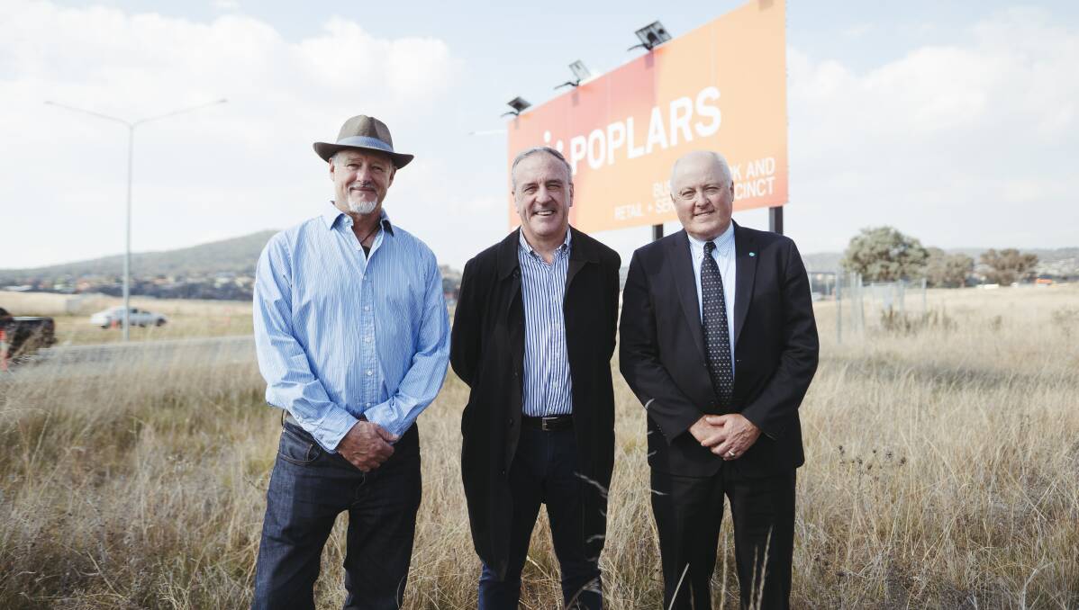 Land owner and Poplars director David Larcombe, project director David Maxwell, and UC deputy vice-chancellor Professor Leigh Sullivan at the Poplars Development site in Jerrabomberra. Picture: Dion Georgopoulos 