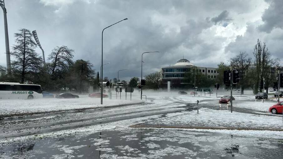 Hail created hazardous conditions on roads in Manuka. Picture: Tom Swann