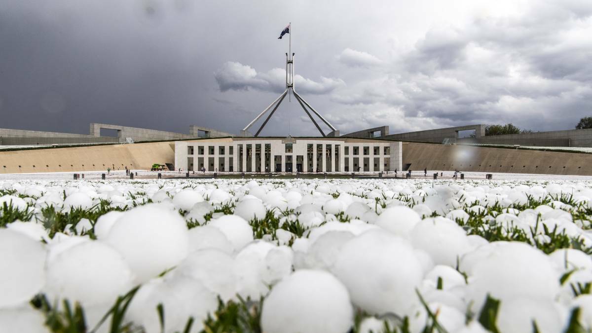 Parliament House covered with hail. Picture: Supplied