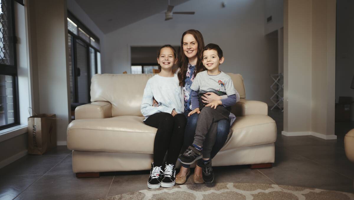 Anne Olsen with her children Sophie, 11 and Thomas, 5, who received false-positive Covid test results last week. Picture: Dion Georgopoulos
