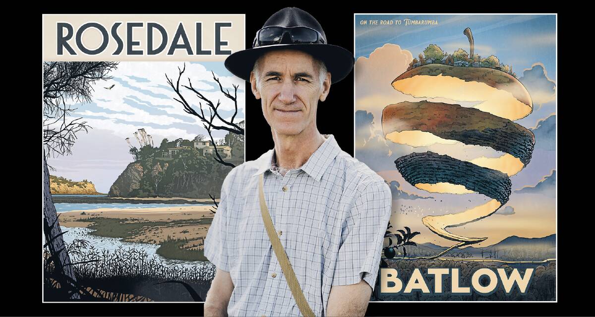 Cartoonist David Pope with his two new bushfire recovery posters featuring Rosedale and Batlow. 