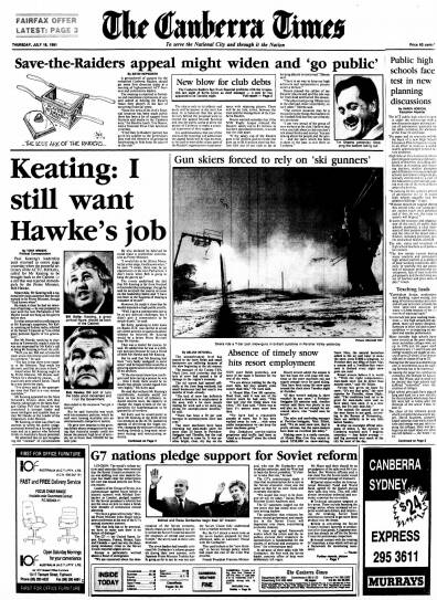 The Canberra Times' front page on July 18, 1991.